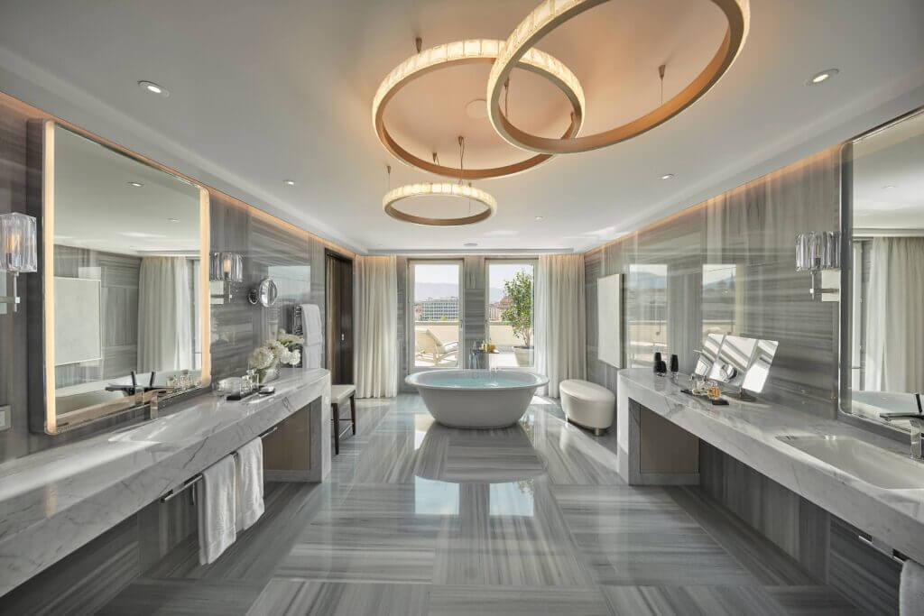 MO Geneva Suite master bathroom LTI Announces World's Best Hotel Brands 2021 - EAT LOVE SAVOR International Luxury Lifestyle Magazine